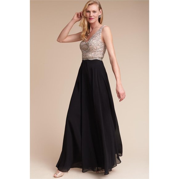 BHLDN Aidan Mattox Regina Gown  Champagne & Black Size 2 4 6 NWT - Picture 1 of 10